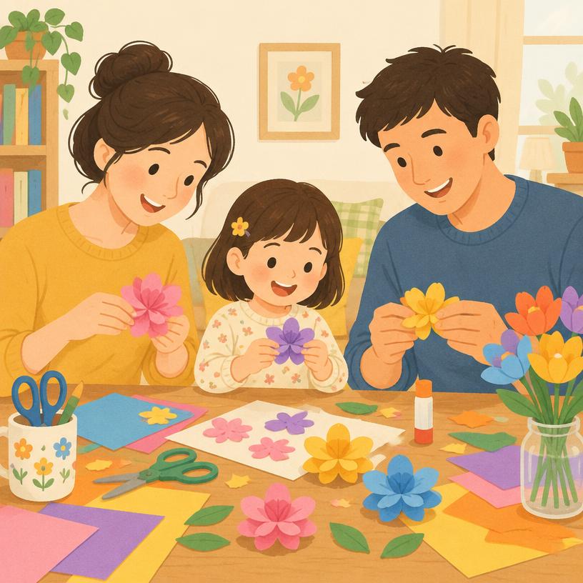 Família fazendo flores de papel