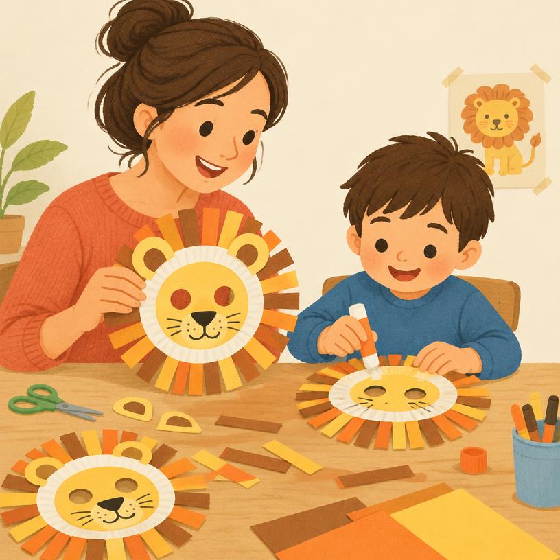 Mãe e filho montando máscaras de leão