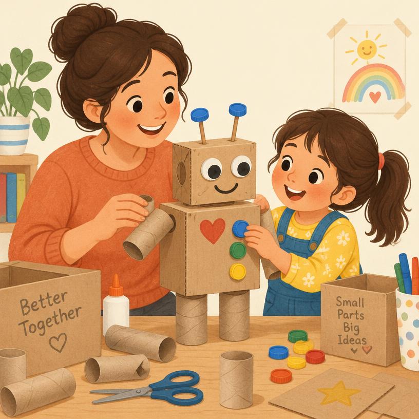 Mãe e filha criando um robô com rolinhos